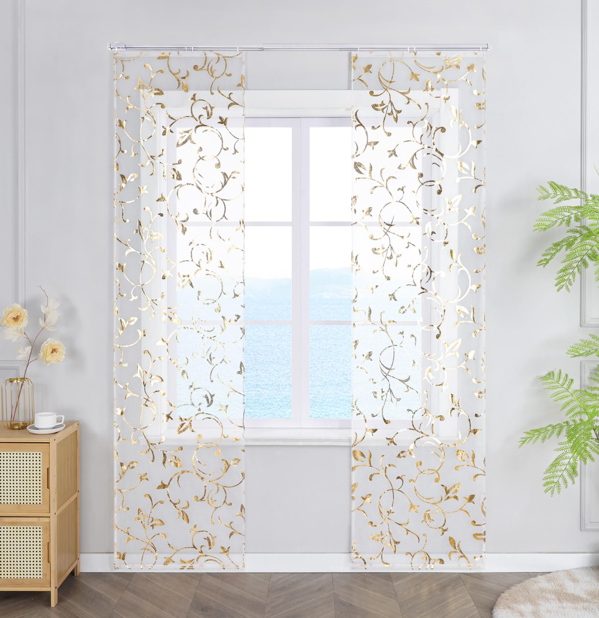 ESLIR Schiebevorhänge Set 2er Flächenvorhänge mit Klettband Schiebegardinen Transparent Gardinenschals Transparent Vorhang mit geprägtem Rankenmuster Gold BxH 57x145 cm 2 Stück
