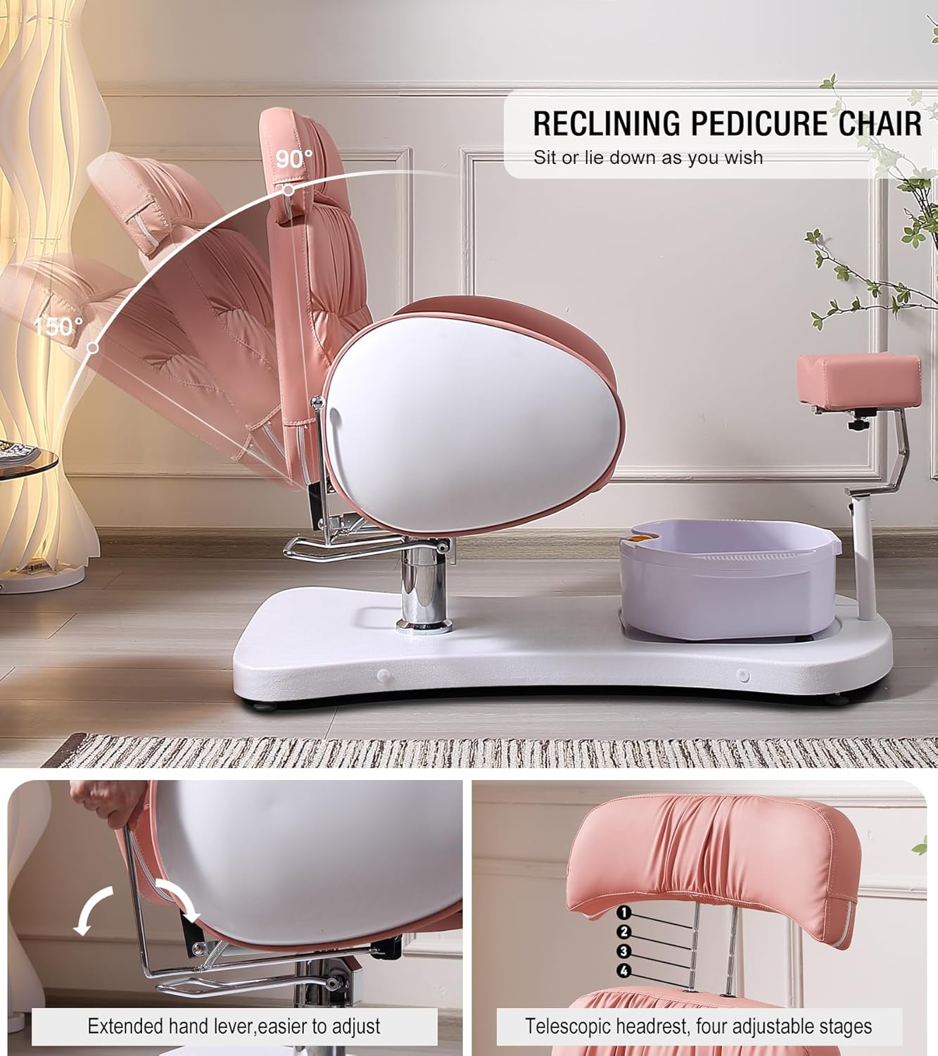 OKAKOPA Pedicure Foot Spa, Hydraulic Pedicure Chair for Nail Tech No Plumbing, 360 Swivel Reclining Pedicure Unit Station w/Bowl and Footrest, Pink