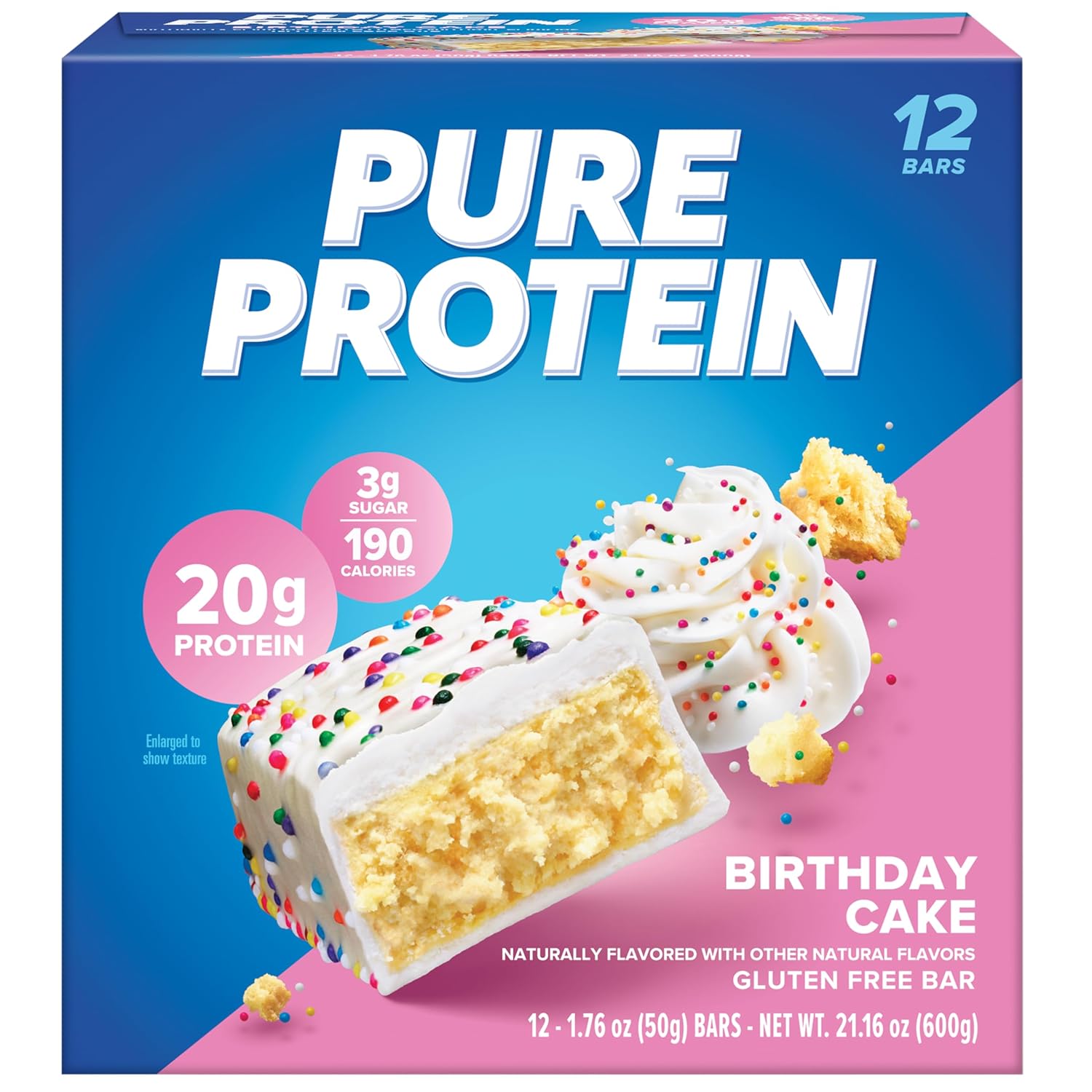 Pure Protein Birthday Cake Protein Bars – 20g Protein, 3g Sugar, 190 Calories (12 count) Low Sugar* High Protein Snack - Gluten Free - Perfect for a Healthy Snack