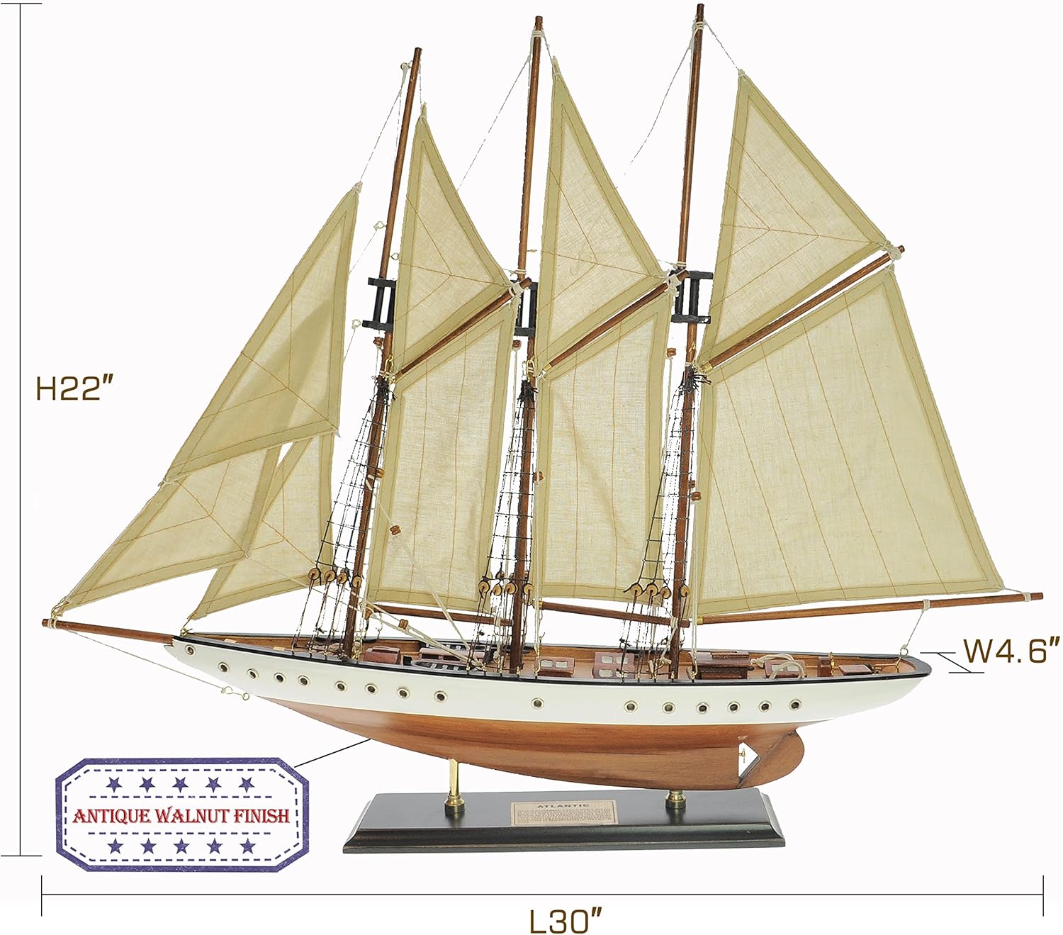 SAILINGSTORY 30" Wooden Sailboat Model Ship Sailboat Decor Schooner Atlantic 1:50 Scale Replica Ivory and Walnut Antique Ivory 30"