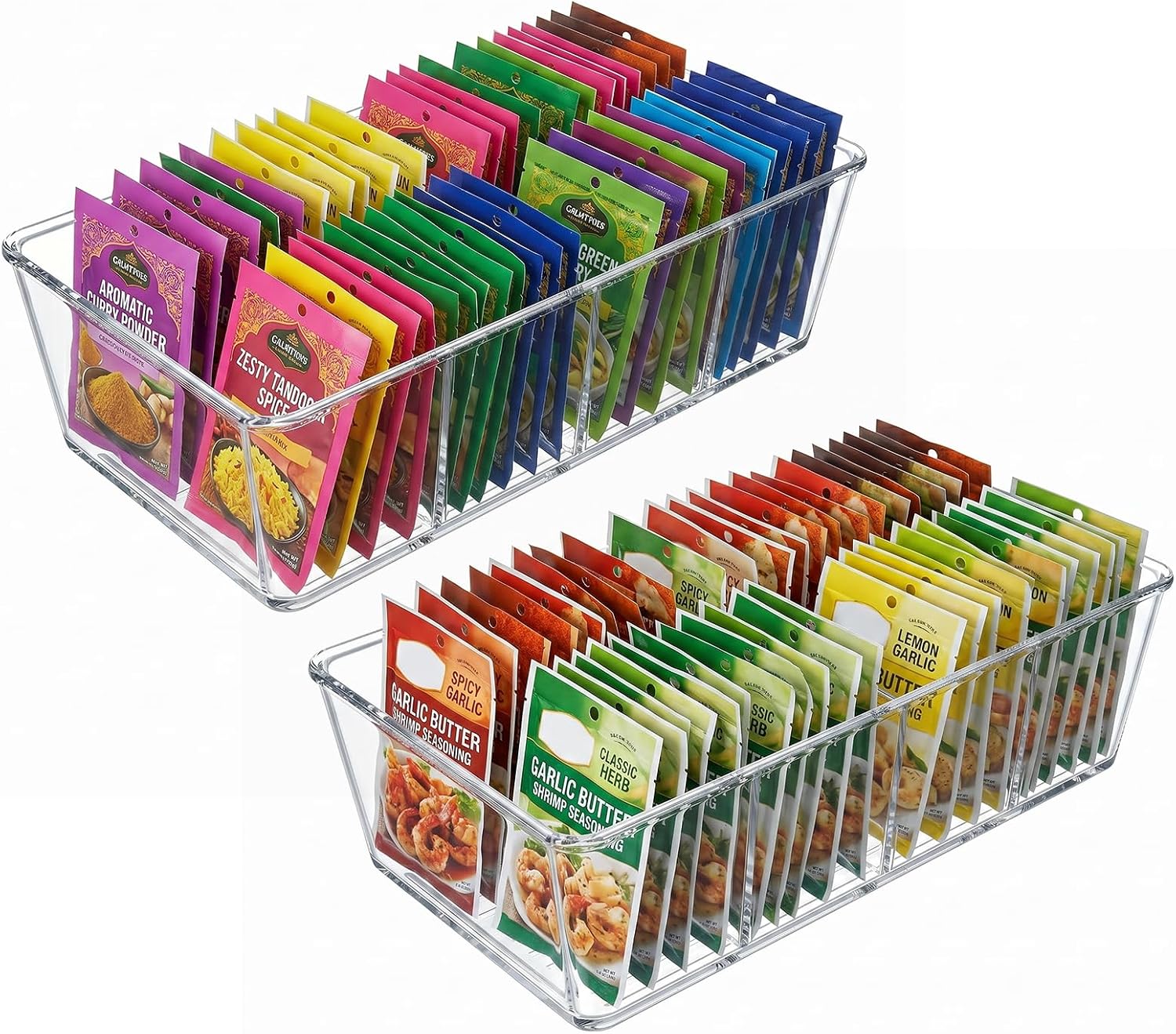 2 Pcs Seasoning Packet Organizer, Seasoning Organizer for Cabinet, Ood Storage Organizer Box with Detachable Dividers Snacks Spice Packets organizer for Kitchen XXL