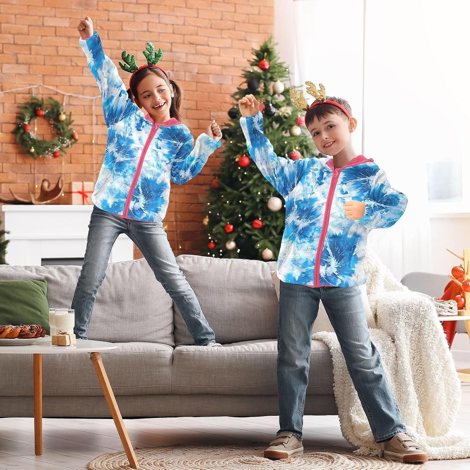 ALAZA Blue Tie Dye Hoodie Jacket for Girls Toddler Fleece Zip Up Coat Plush Jacket Long Sleeve Outerwear for 3 Years