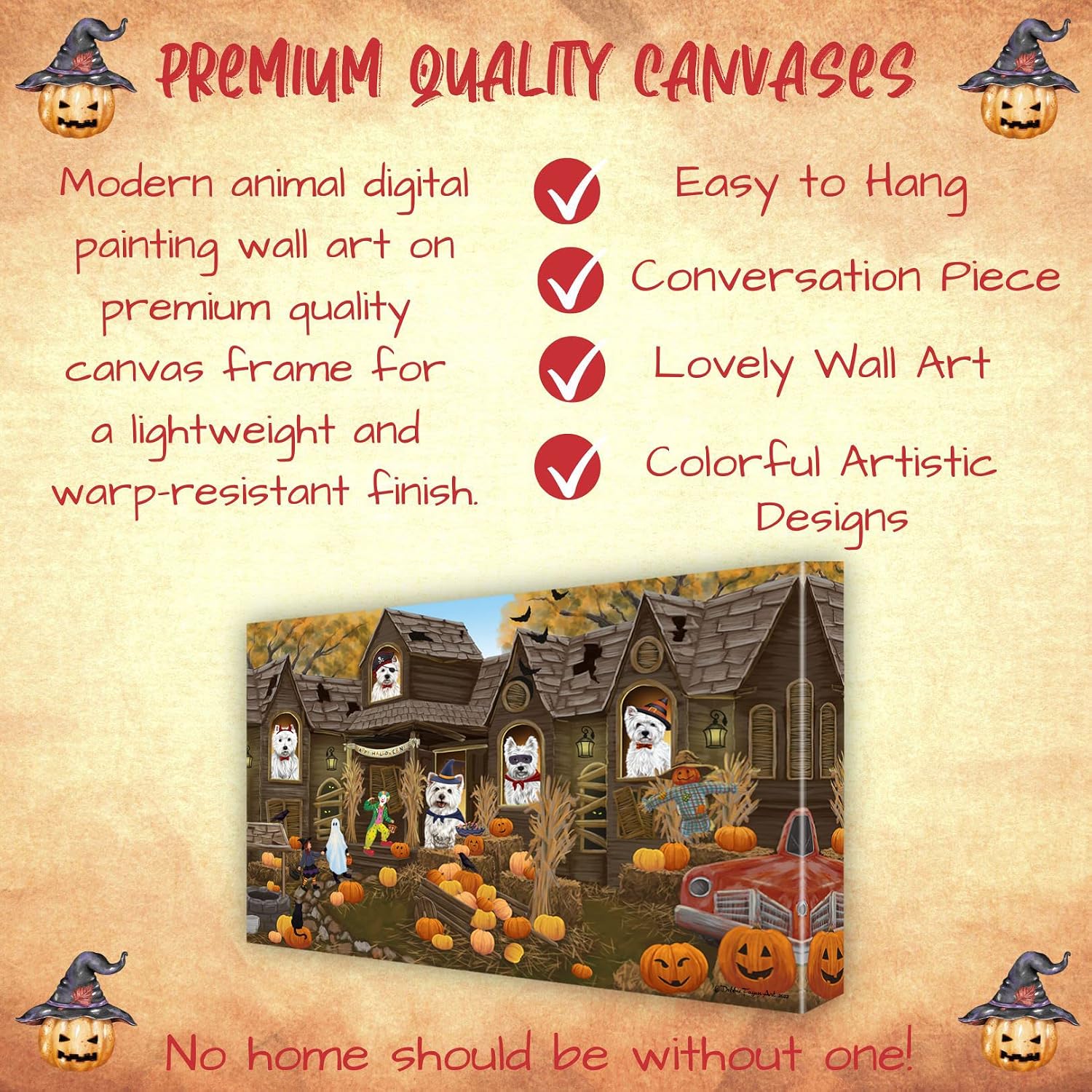 Doggie of the Day Haunted House with West Highland Terrier Dogs Canvas Wall Art - Premium Quality Ready to Hang Room Decor - 1.5" Thick Canvas Wrap 8" x 10"
