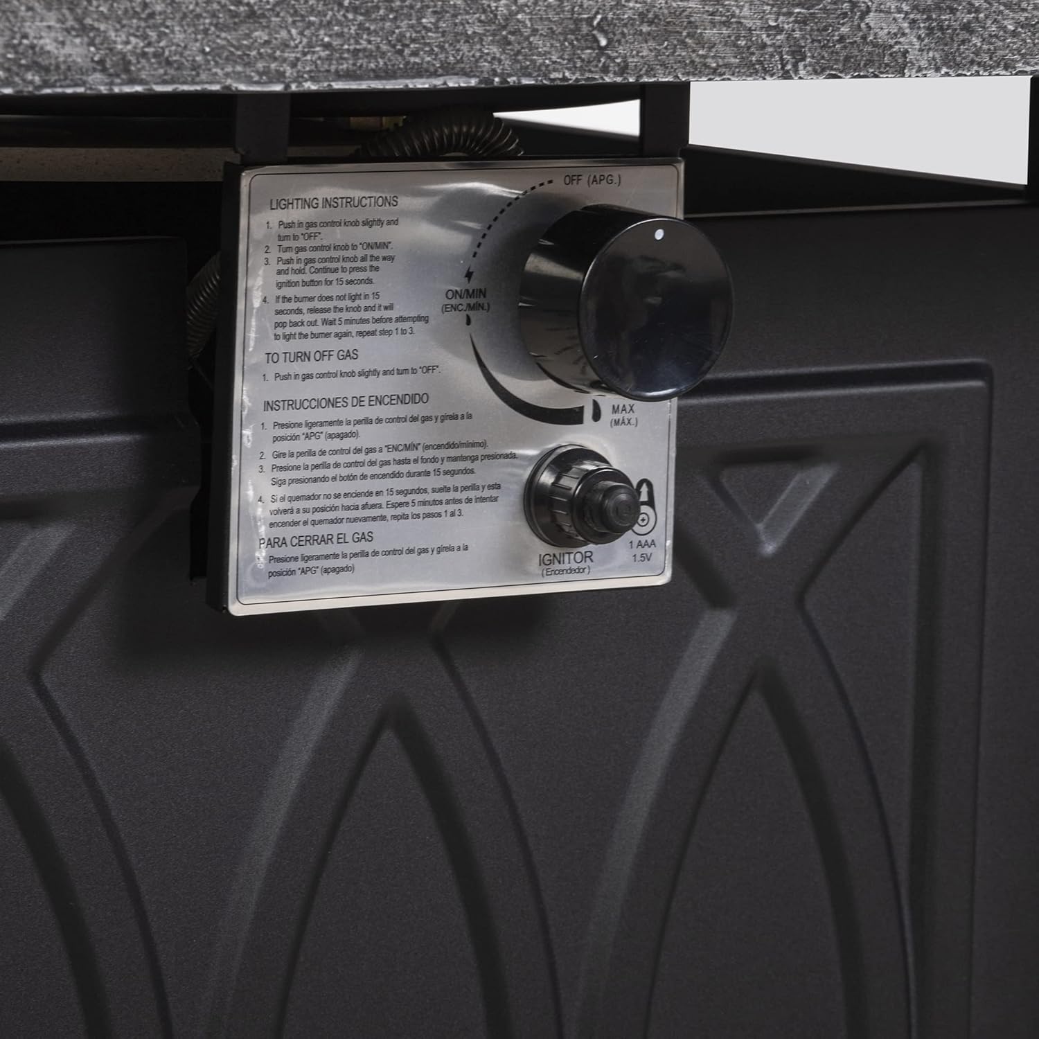 32" Square by 25" high Black Fire Table with Granite Look top, Patterned Sides.