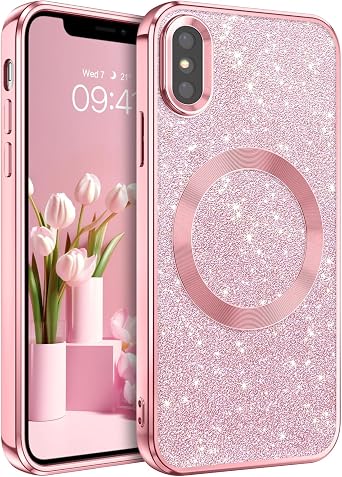 DOMAVER Case for iPhone X and iPhone Xs Case with Magnetic [Compatible with MagSafe] Luxury Clear Glitter Shockproof Protective Cover Full Camera Lens Protector Women Girls Phone Case-Pink