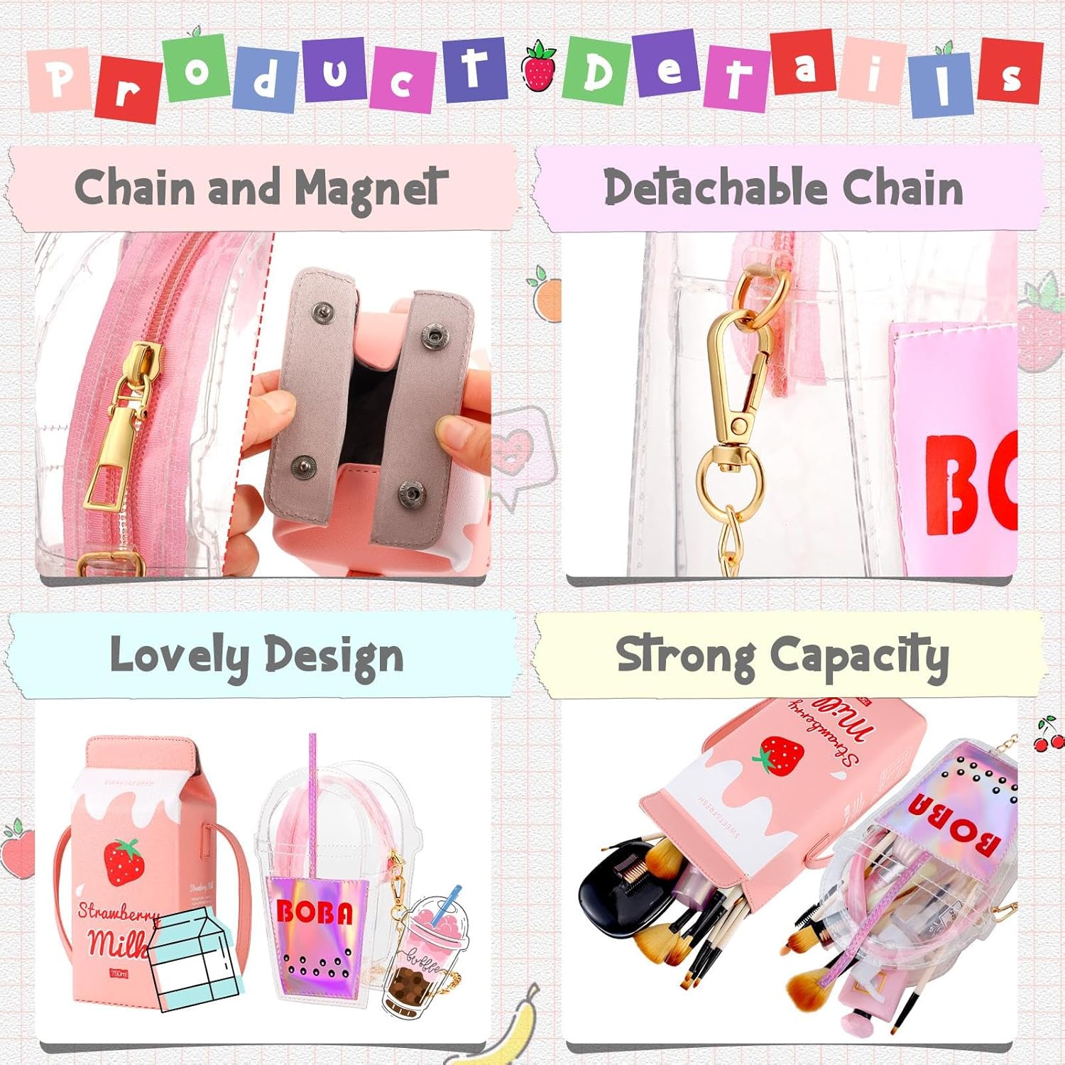 BBTO 2 Pcs Strawberry Milk Box, Bubble Tea Purse, Crossbody Purse Bag, Women Phone Wallet Shoulder Bags, Kawaii for Valentines