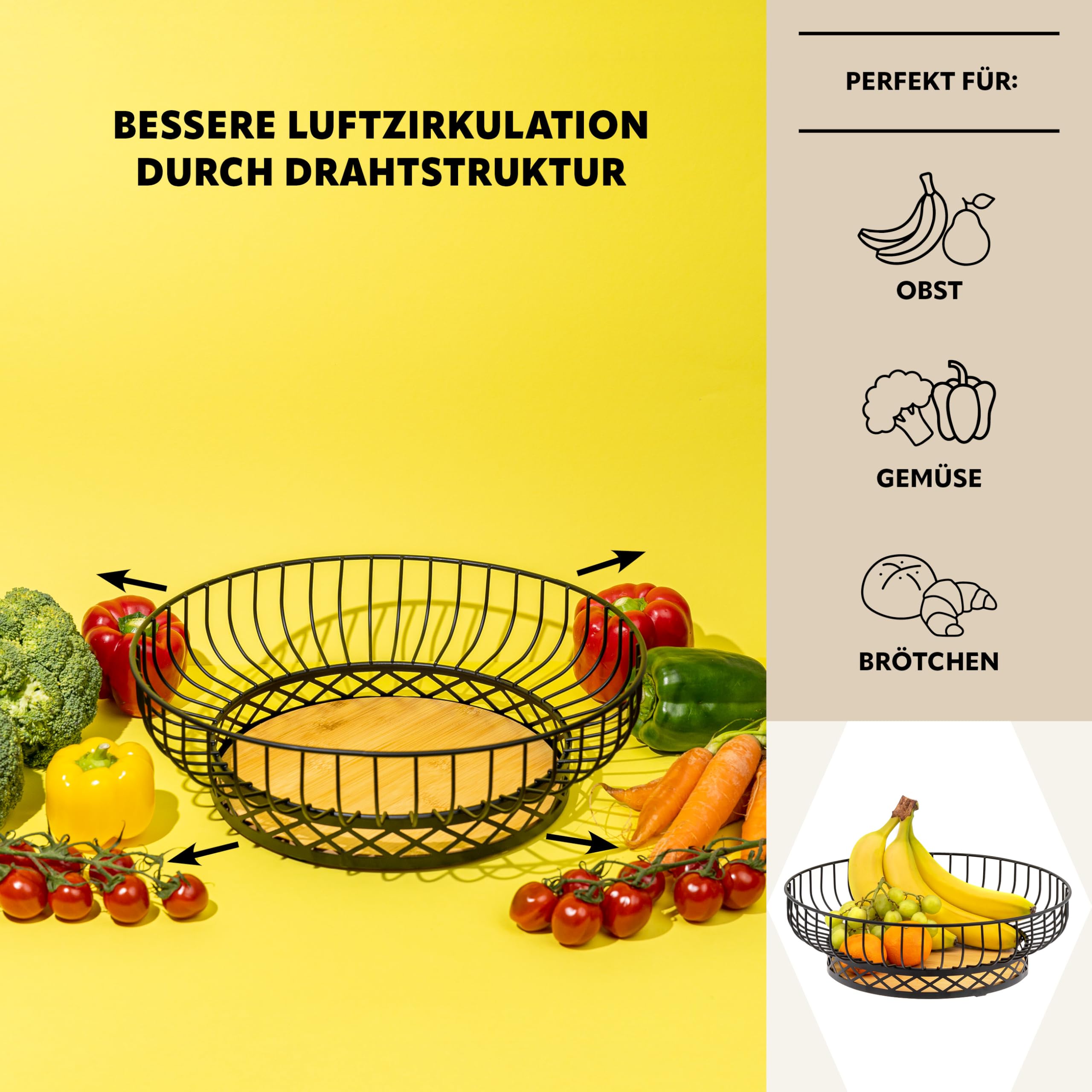 bremermann Küchenutensilien 3er Set, Küchenhelfer bestehend aus 1x Küchenrollenhalter, 1x Utensilienhalter und 1x Obstkorb/Obstschale, moderne Materialkombination aus Bambus und Metall