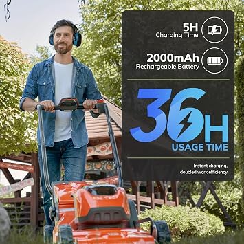 MIUI Bluetooth 5.0 Hearing Protection Rechargeable Ear Headphones, 29dB NRR Safety Noise Reduction EarMuffs 36H Playtime for Lawn Mower, Construction, Workshops, Mowing With Radio Blue