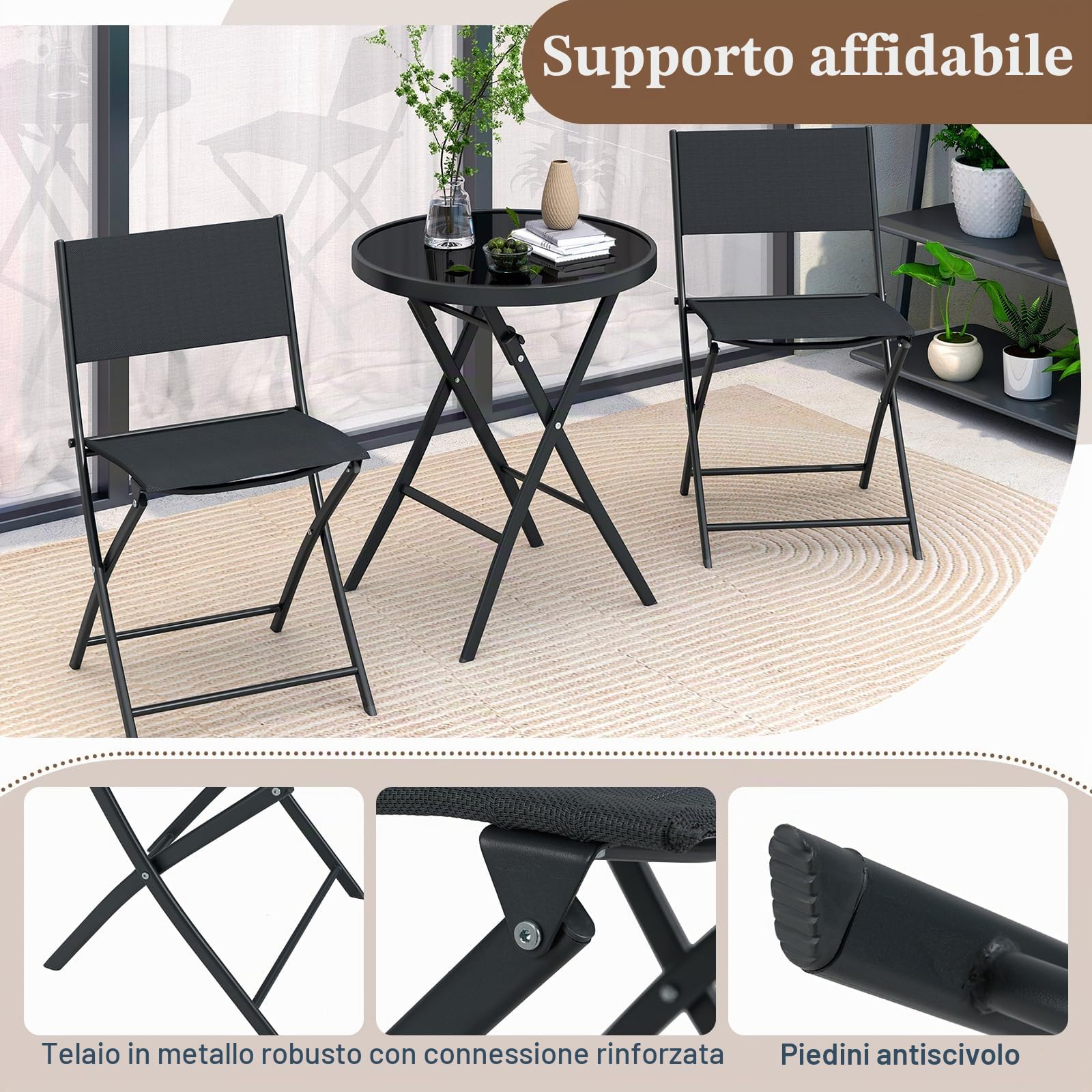 KOMFOTTEU Set da bistrot da 3 pezzi, pieghevole, set da giardino in tessuto tessile con telaio in metallo, set da tavolo in vetro temperato e 2 sedie, set da pranzo per balcone, terreza