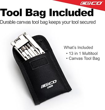 CECO USA 13 Function Bike Tool with Chain Breaker, Bicycle Multi Tool, Ultra Slim, Compact Pocket Sized, Lightweight, High Strength CR-V 6150 Tool Steel, Easy To Carry, Case Pouch Included, Road