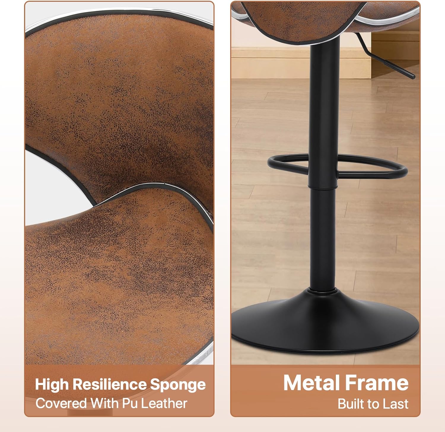 Magshion Bar Stools Set of 2 Adjustable Counter Height PU Leather Modern Swivel Barstools w/Back and Footrest Kitchen Counter Chairs, Coffee Color