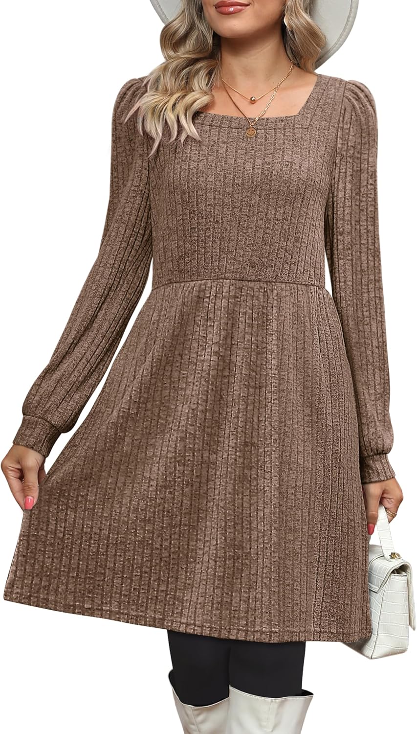 OFEEFAN Womens Knit Sweater Dress with Pockets Square Neck Long Sleeve Dresses - Image 2