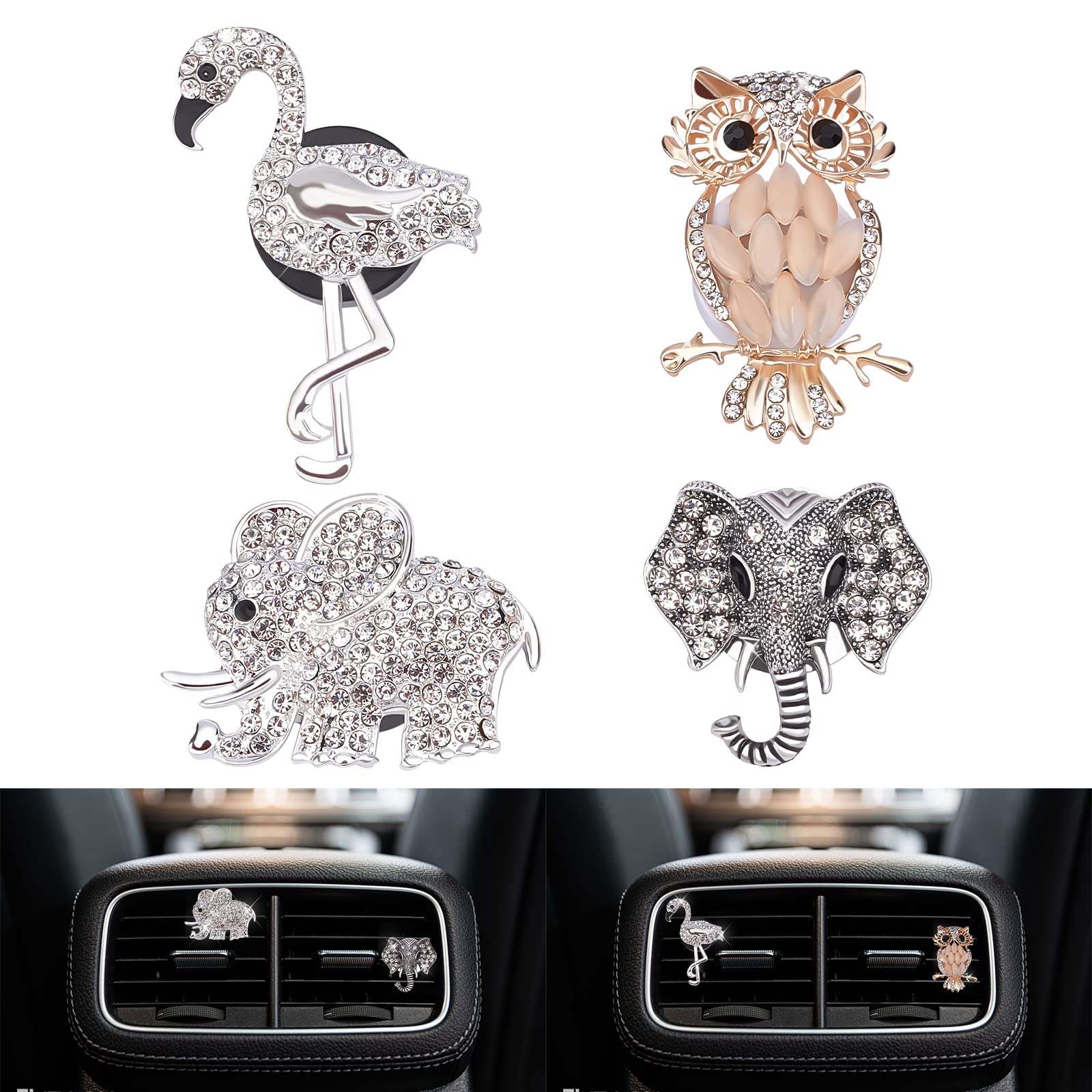 WEBEEDY 4pcs Car Vent Clips, Silver Elephant Golden Openwork Owl Silver Flamingo Grey Crystal Elephant Car Air Fresheners Outlet Decoration, Bling Cars Accessories for Women