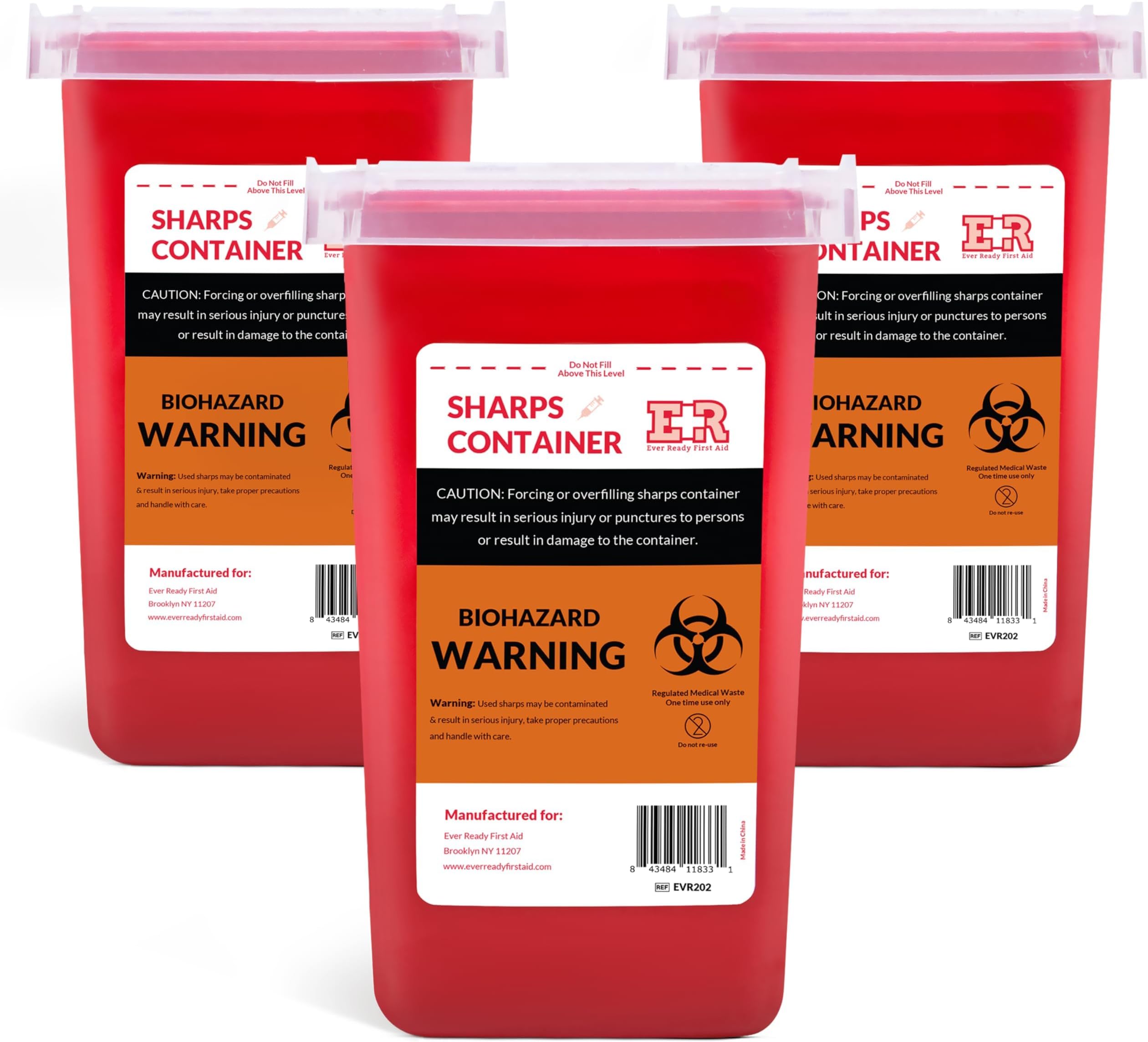 3 Count Sharps Container with Split Lid Design and Locking Mechanism for Sharp Waste Disposal, 1 Quart