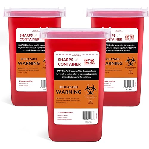 Ever Ready First Aid Sharps Container with Split Lid Design and Locking Mechanism for Sharp Waste Disposal, 1 Quart - 3 Count