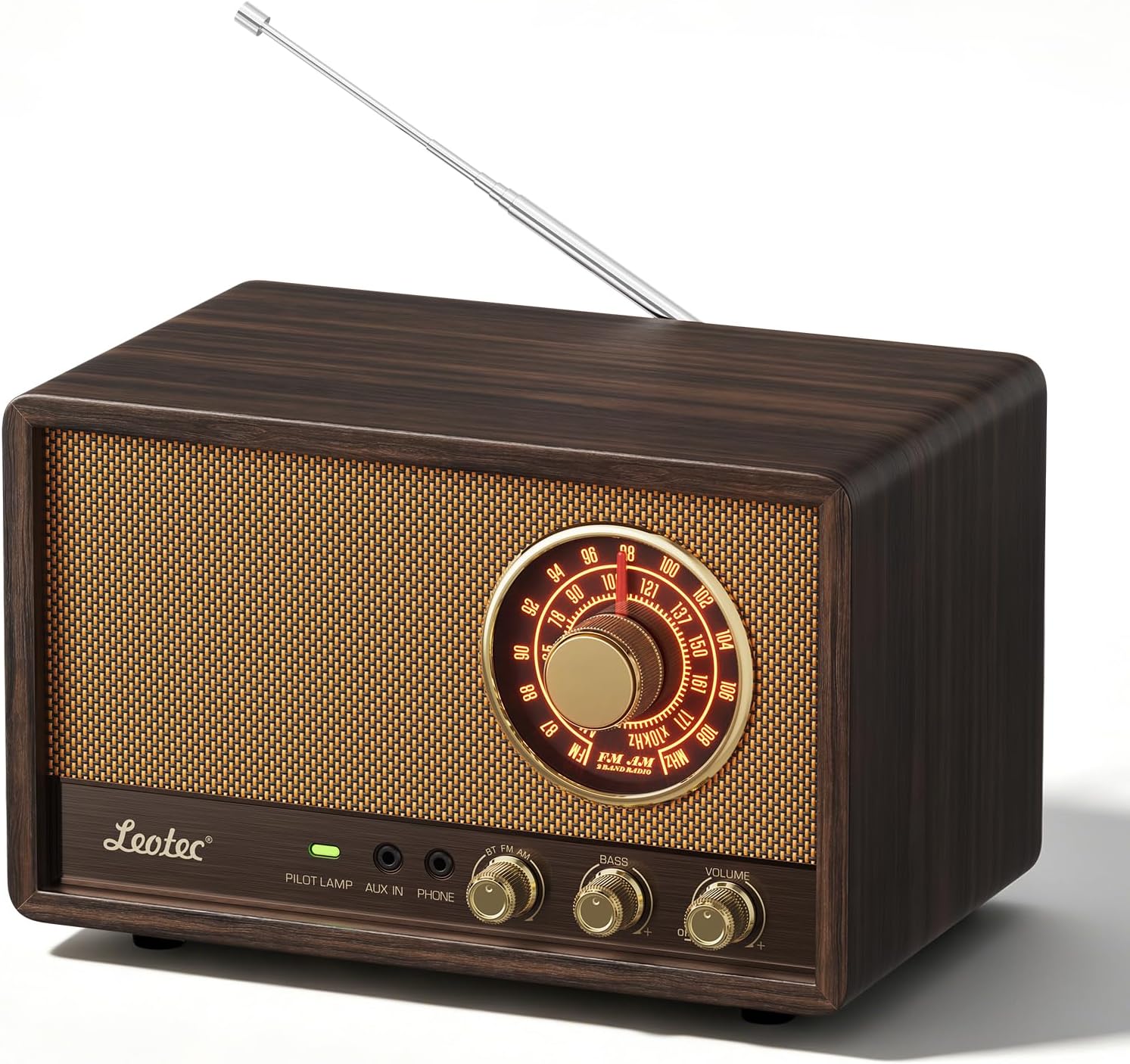 AM FM Radio,Retro Wood Table Radio,Portable Bluetooth Speaker Plug in Wall,Best Reception with AUX,Headphone Jack,Bass Control,Great for Home,Outdoor,Brown