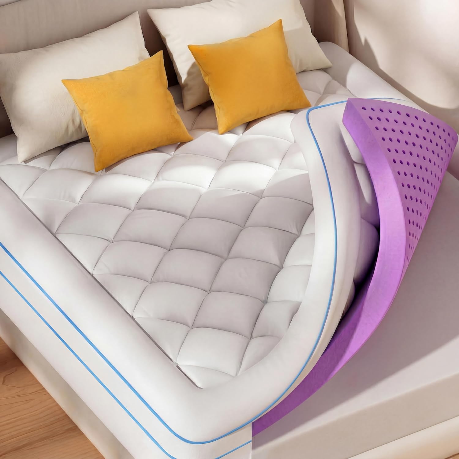 SINWEEK 5 Inch Dual Layer Memory Foam Mattress Topper Queen Size, 2 Inch Gel Memory Foam Plus 3 Inch Plush Soft Pillow Top Cover Filled with 1450GSM Down Alternative Filling,White
