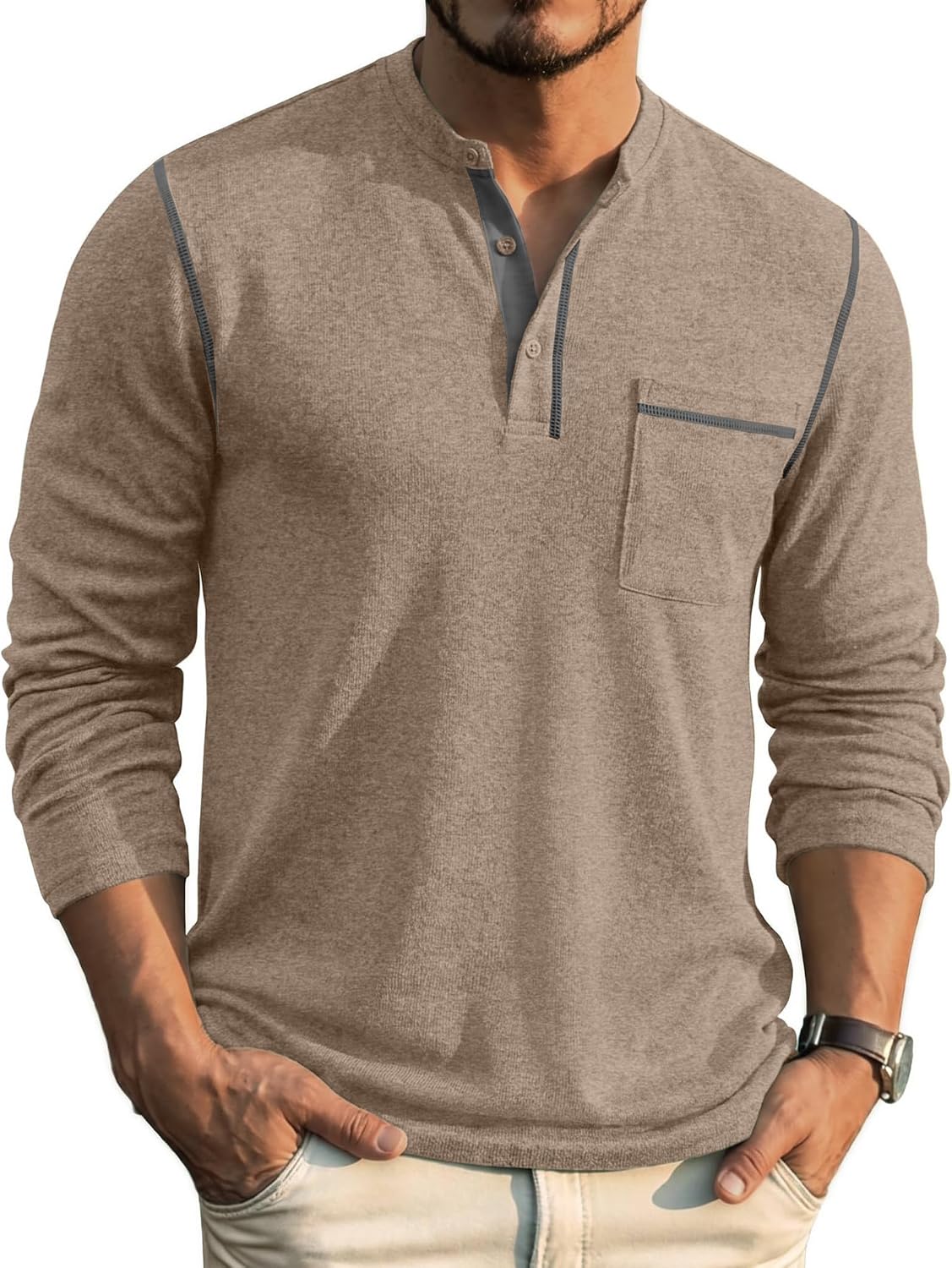 COOFANDY Men's Henley Long Sleeve Shirts Casual Button T-Shirt Pullover Basic Tees with Pocket
