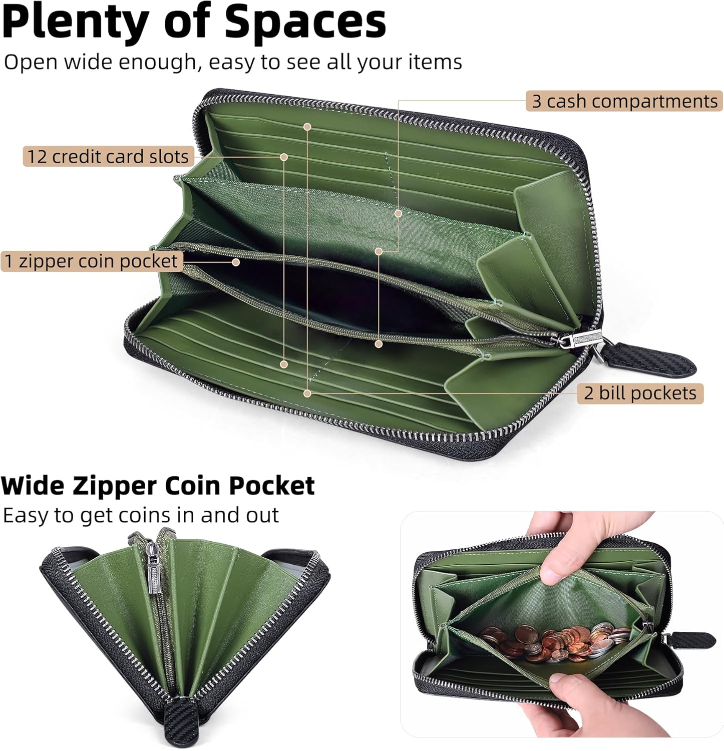 VISOUL Leather Long Zipper Pouch Wallet for Men and Women with RFID Blocking, Large Clutch Cash Long Wallet with Zipper (Carbon Fiber, Green)