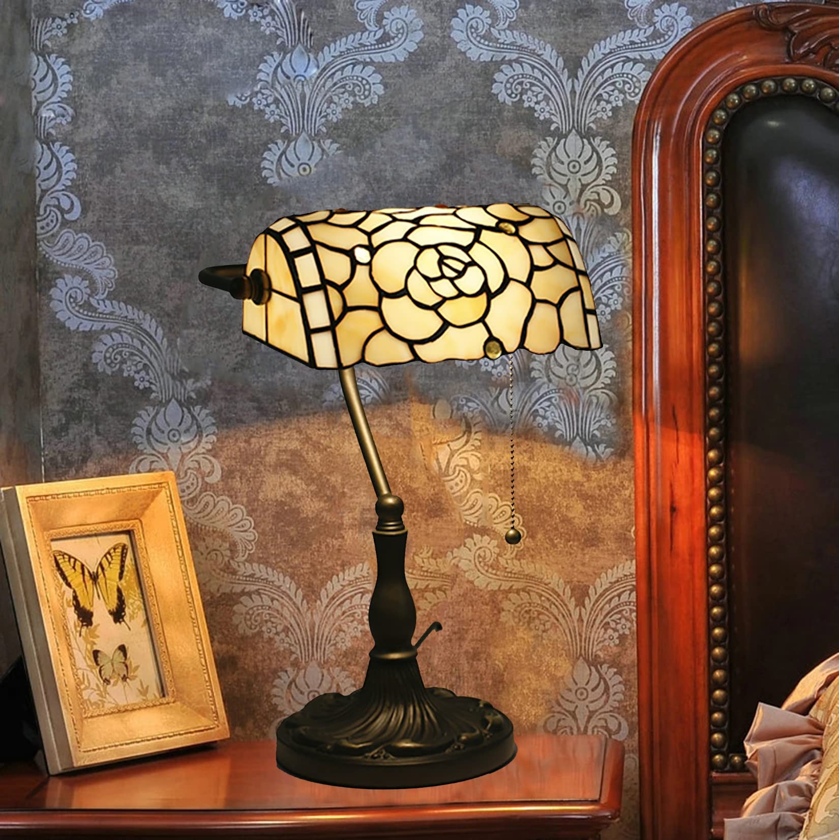 BOTOWI 10 Inch Tiffany Style Desk Lamp Stained Glass Beige Bankers Table Light Vintage with Zipper Switch Lamp for Bedroom Living Room, Study,Office