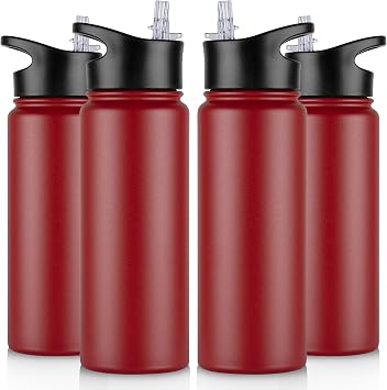24 oz Insulated Water Bottle Bulk 4 Pack, Stainless Steel Sports Water Bottles with Straw Lid & Wide Mouth Lids, Double Walled Vacuum, Leak Proof, Red