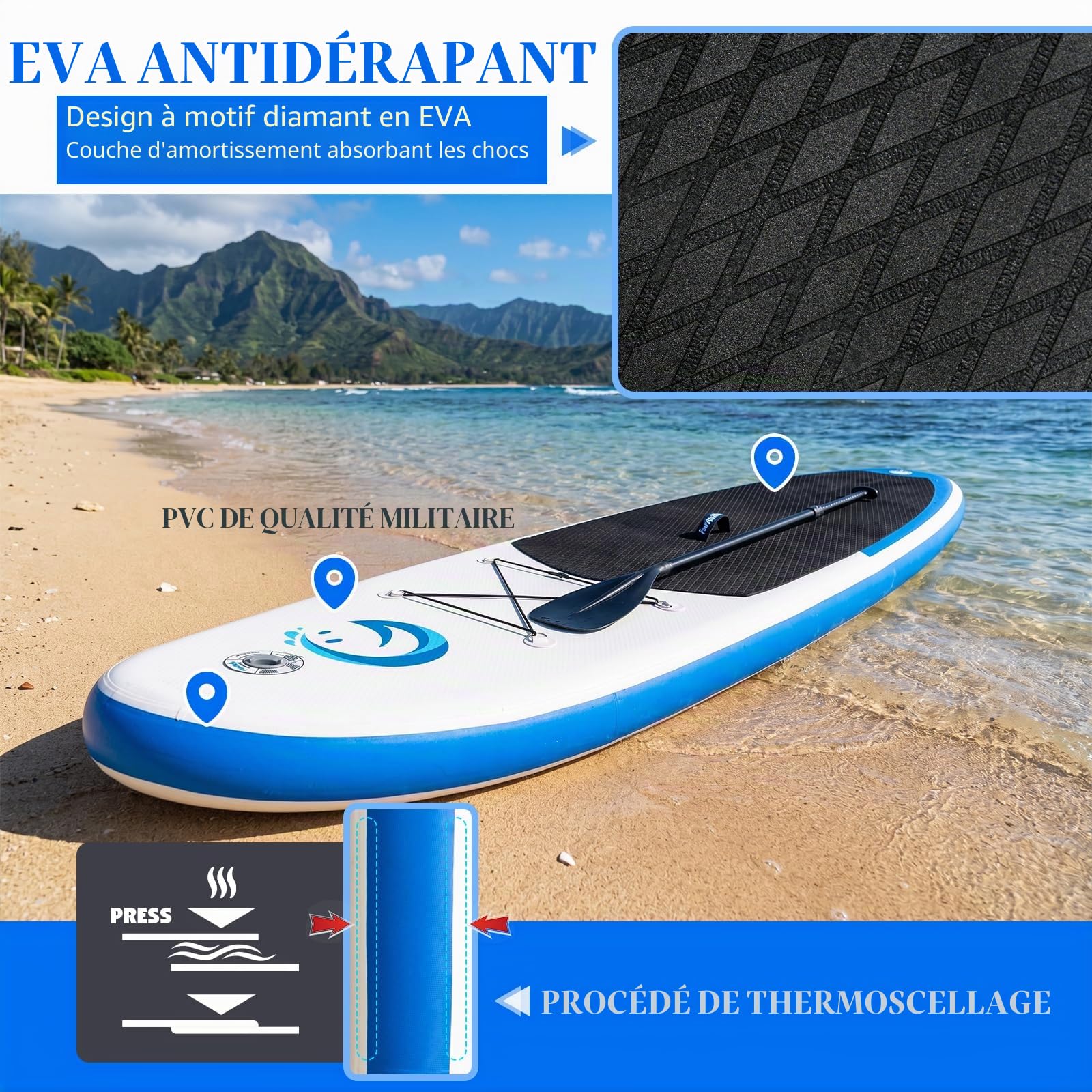 FunWater Planche Sup Gonflable Tous Niveaux Idéale Débutants et Famille Plateforme Anti Dérapante EVA Pack Complet avec Pagaie Réglable Pompe et Accessoires