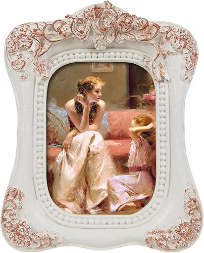 Marcos de fotos pequeños vintage de 2.5 x 3.5 pulgadas para pared y mesa, marcos de fotos de estilo barroco pintados a mano de color blanco con flor