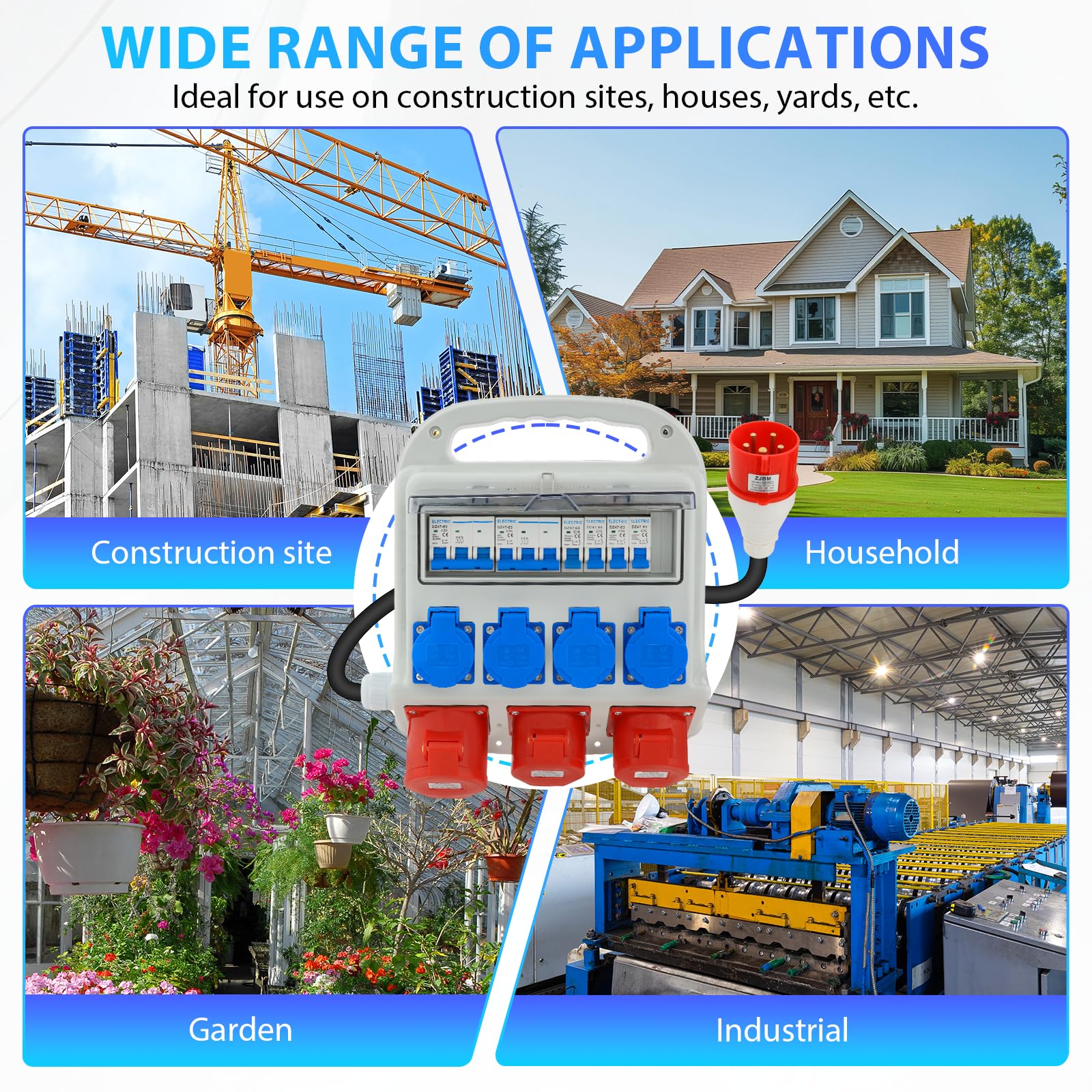 Distribuidor de Corriente para la Construcción 32 A 4 x 230 V + 2 x 16 A 400 V CEE + 1 x 32 A 400 V CEE, Protección Integral IP54, Distribuidor de pared con Tapa Abatible de Seguridad y Cable