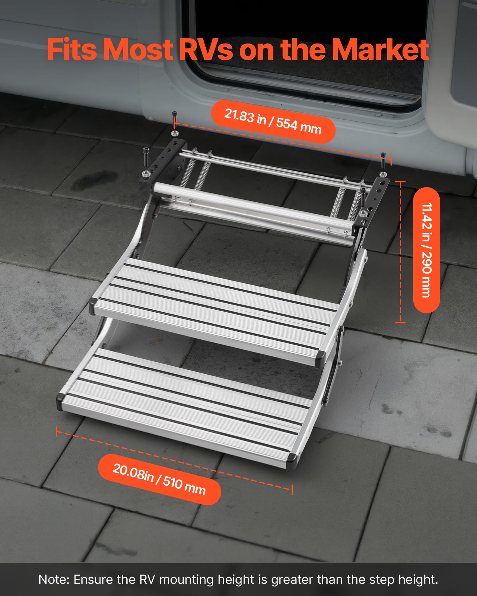 VEVOR Escalón para Autocaravana Manual de 2 Peldaños, Escalera Plegable Retráctil Carga de 199,58 kg, con Estructura de Acero y Escalones de Aleación de Aluminio, para Caravana, Remolque de Viaje