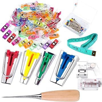 LUNARM Bias Tape Maker Kit, Bias Tape Tool with Instruction, 4 Sizes Bias Maker with 60 Pcs Sewing Clips, 50 Pcs Ball Point Pins, Awl, Sewing Machine Presser Foot for Fabric Sewing and Quilting