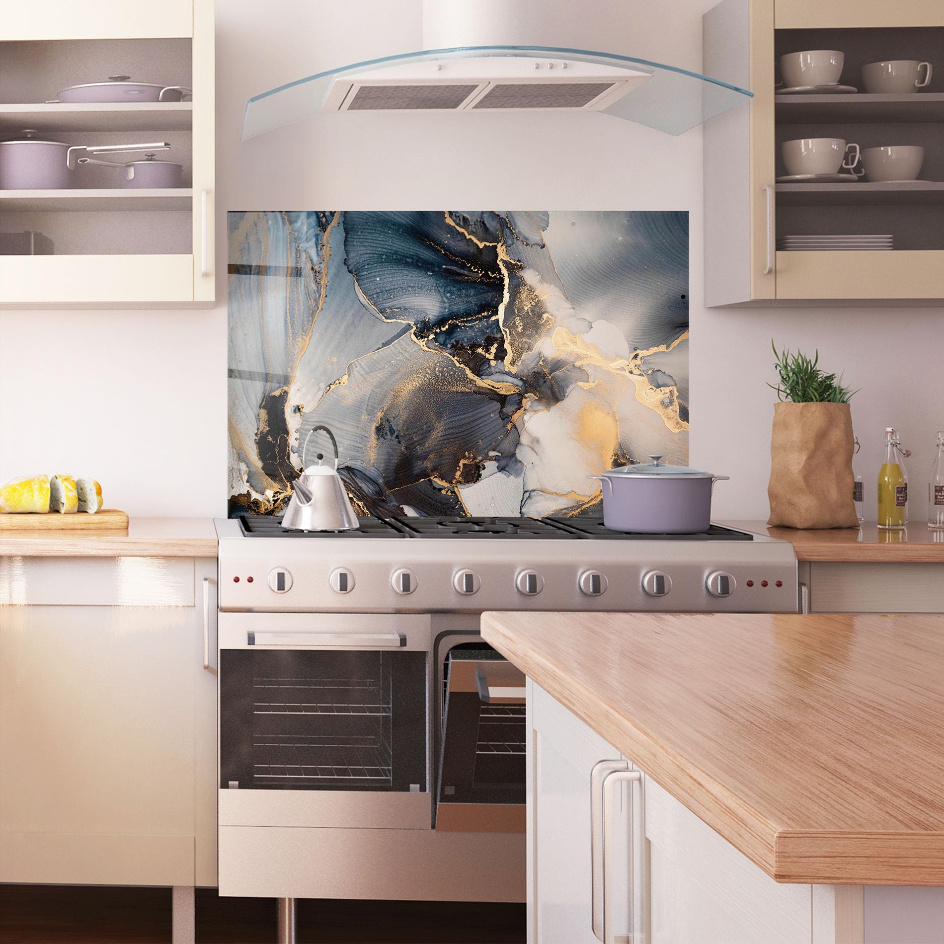 ARTHUB® Crédence de Cuisine en Verre 50x70 cm, Golden Abstract Marble | Protection Contre Les éclaboussures, Revêtement Mural en Carreaux, Plaque en Verre, Verre trempé, Abstrait, Marbre