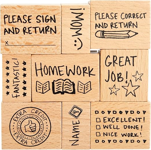 BLUE PANDA 9 Piece Set of Wooden Rubber Teacher Stamps - Classroom Supplies for Grading Homework and Teacher Supplies (Assorted Sizes Rubber Stamps)