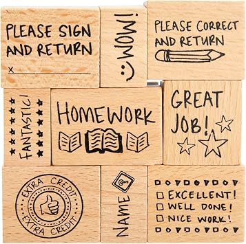Blue Panda 9 Piece Set of Wooden Rubber Teacher Stamps - Classroom Supplies for Grading Homework and Teacher Supplies Assorted Sizes Rubber Stamps