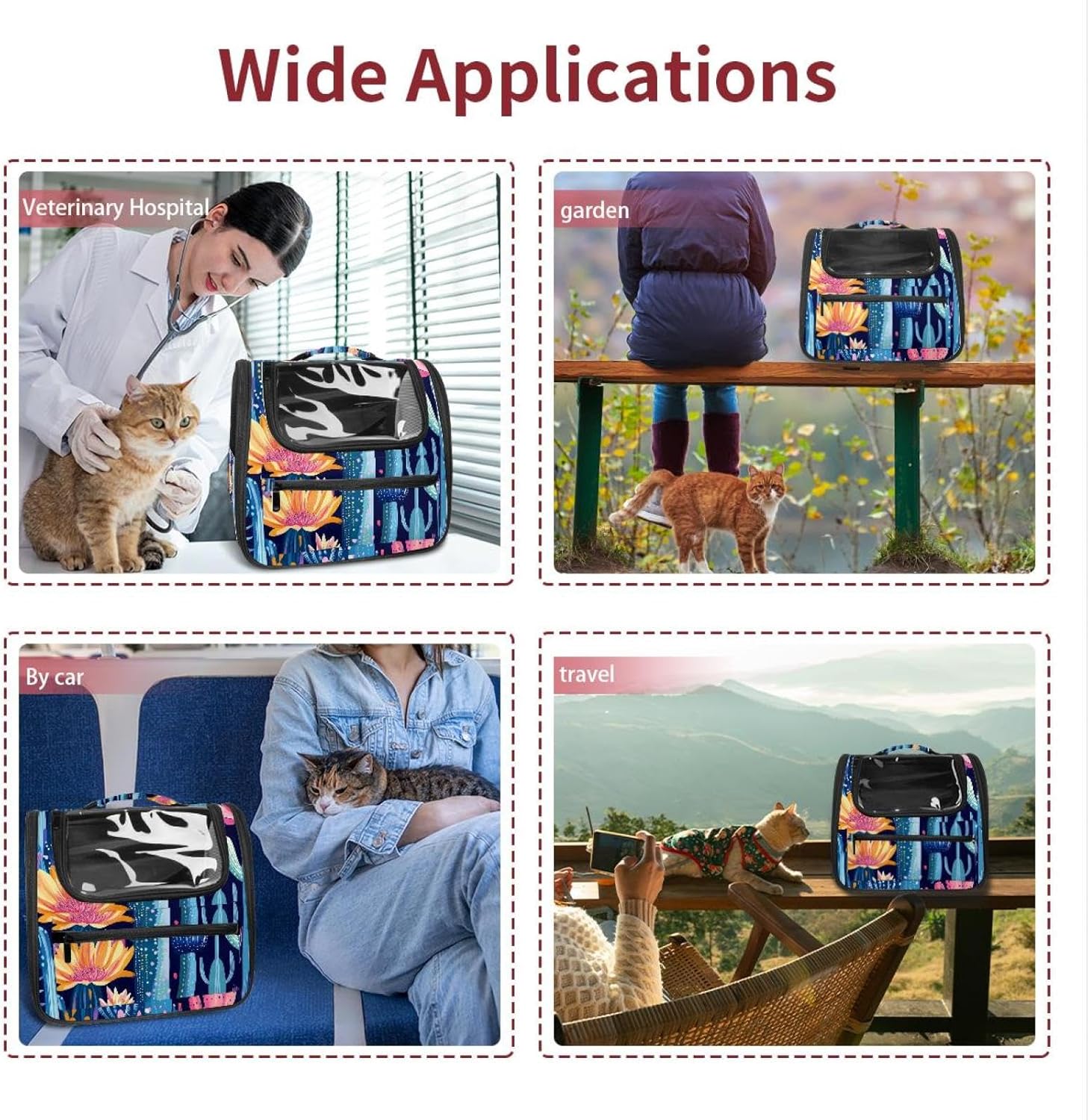 Colorful Cactus (3) Pet Carrier Airline Approved Soft Sided Portable Cozy Travel Pet Bag, Car Seat Safe Carrier for Cats and Dogs