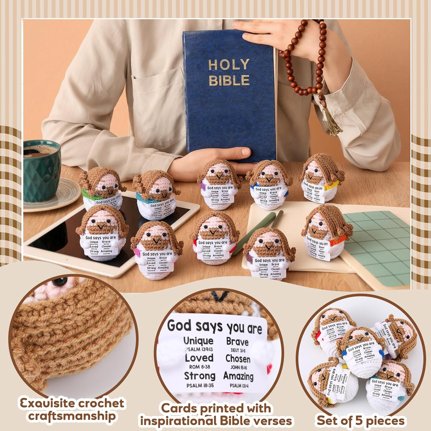 Marsui 10 Pcs Easter Positive Jesus Crochet Gifts for Women Mini Christian Jesus Figure with Positive Card Handmade Motivational Crochet Plush Doll for Religious Church Sunday School Gift (Multicolor)