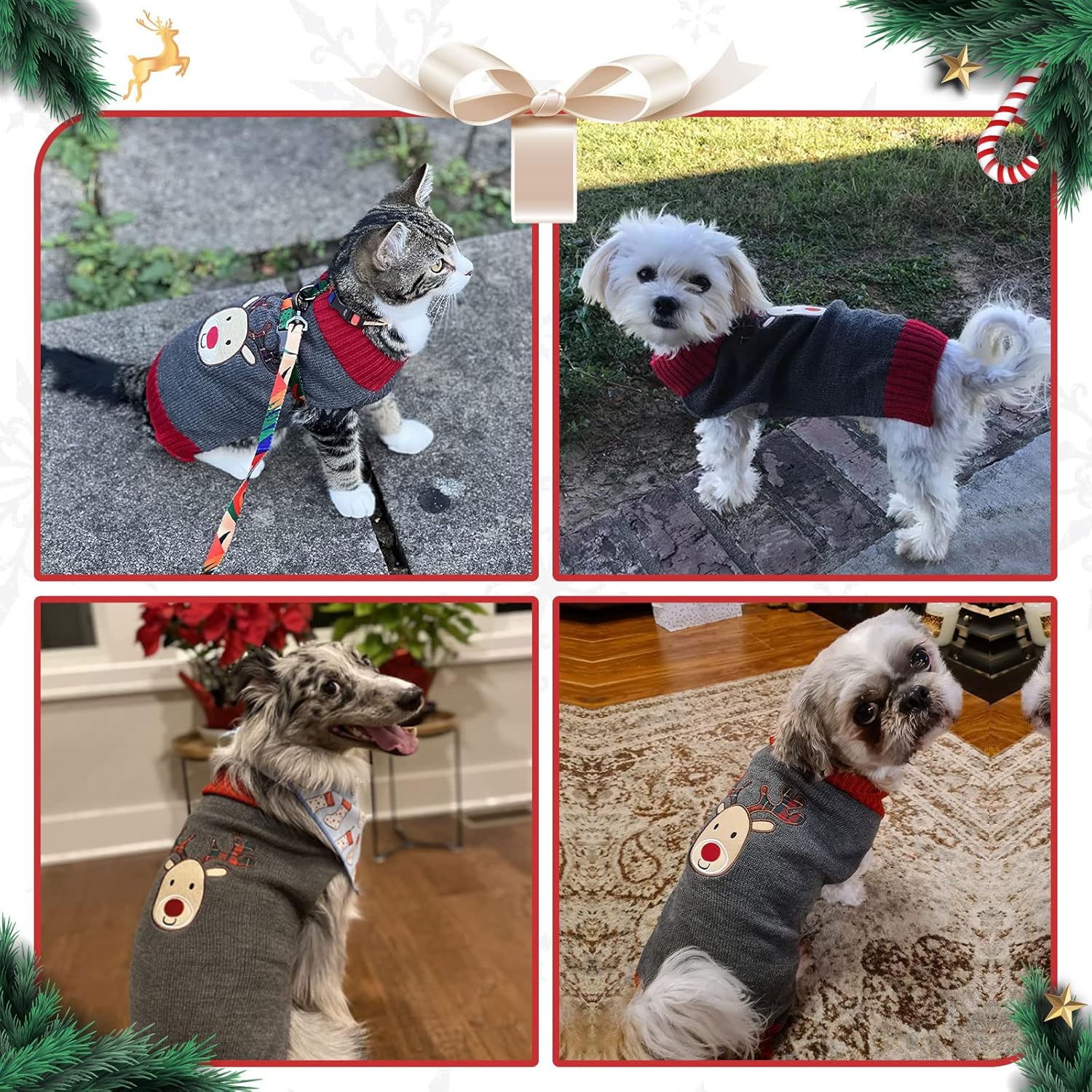 Christmas Dog Sweater Cute Cat Puppy Sweaters Soft Warm Fall Winter Dogs Clothes Ugly Xmas Pet Sweatshirt Knitted Doggie Vest Outfit for Small Medium Dogs(Grey Reindeer,XXS)