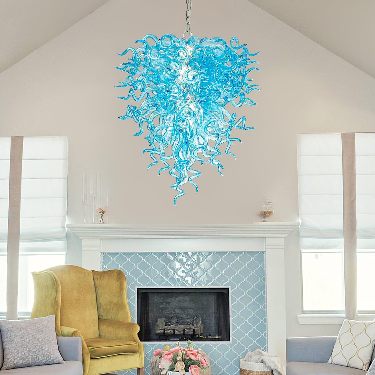 Hand Blown Glass Chandeliers Blue Art Deco Glass Chandelier, 5-Light Dia 28" Hanging Pendant Light Fixture for Dining Room, Entrance, Bedroom, Entryway, Foyer, Living Room
