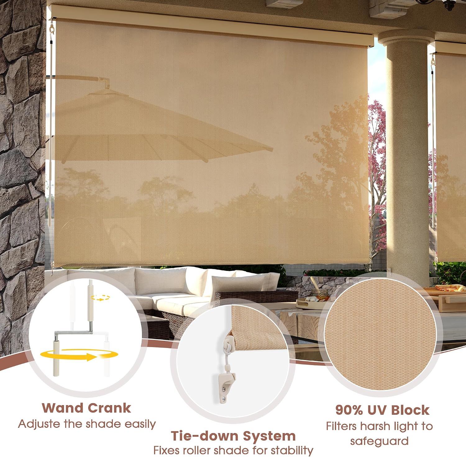 Outdoor Cordless Roller Shade 4'W×8'L, Exterior Patio Roll Up Blind with Aluminum Valance, 220GSM for Porch Deck Balcony, Wheat