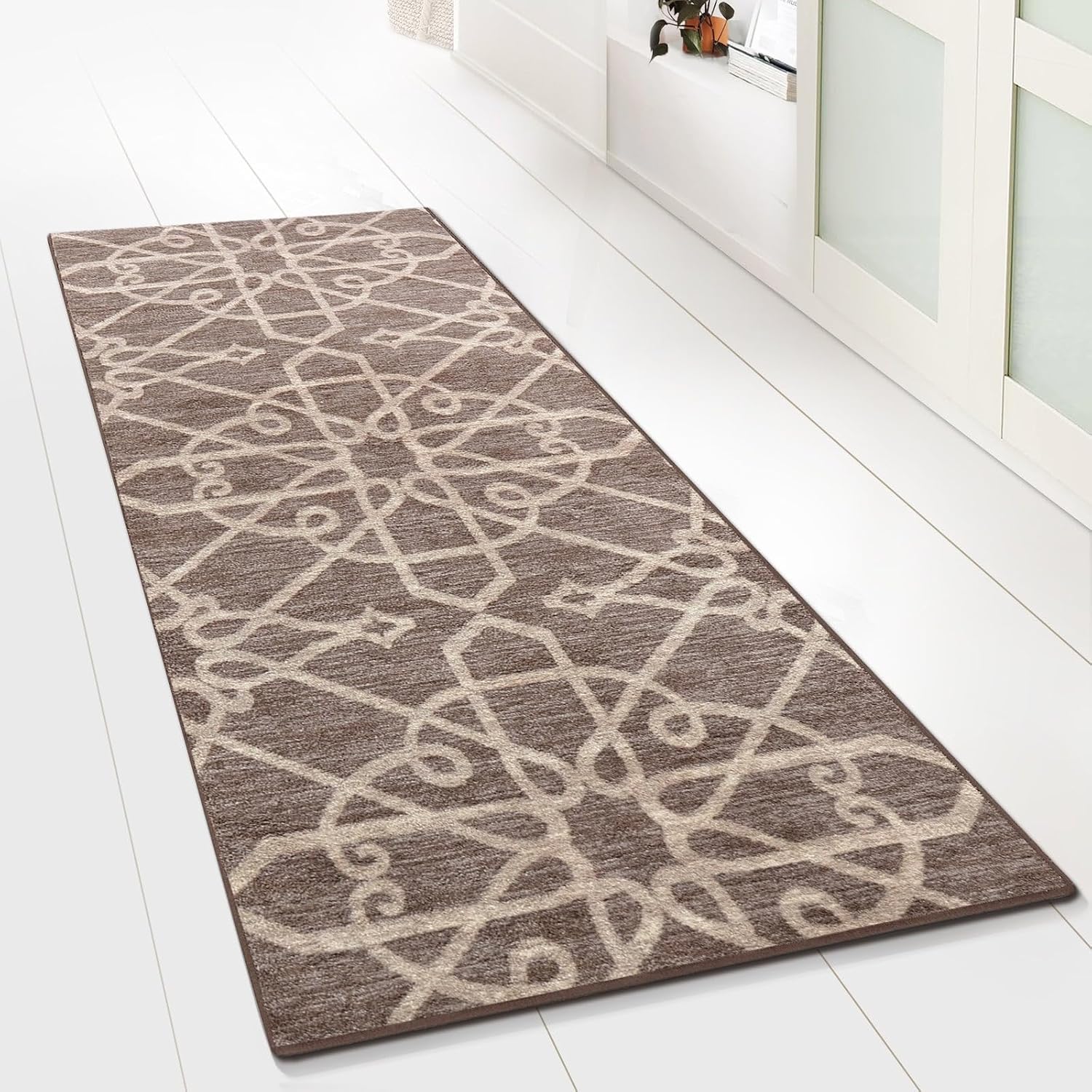 Floordirekt Carpet Runner with Pattern Tailor-Made Fine Loop Rug Runner for Kitchen Hallway & Living Room Ornamental Vintage Oriental Grid 80 x 200 cm Navelli Brown