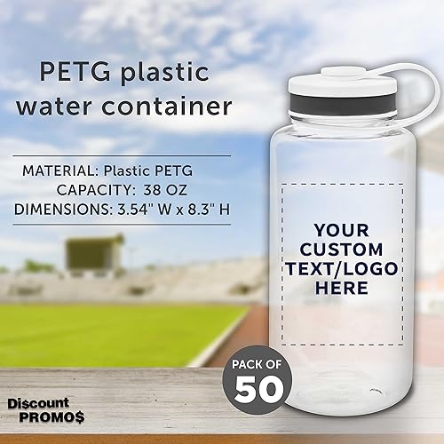 Miniatura 4 de DISCOUNT PROMOS Botellas de agua deportivas de plástico personalizadas con tapa abatible de 38 onzas, juego de 50, paquete personalizado a granel,