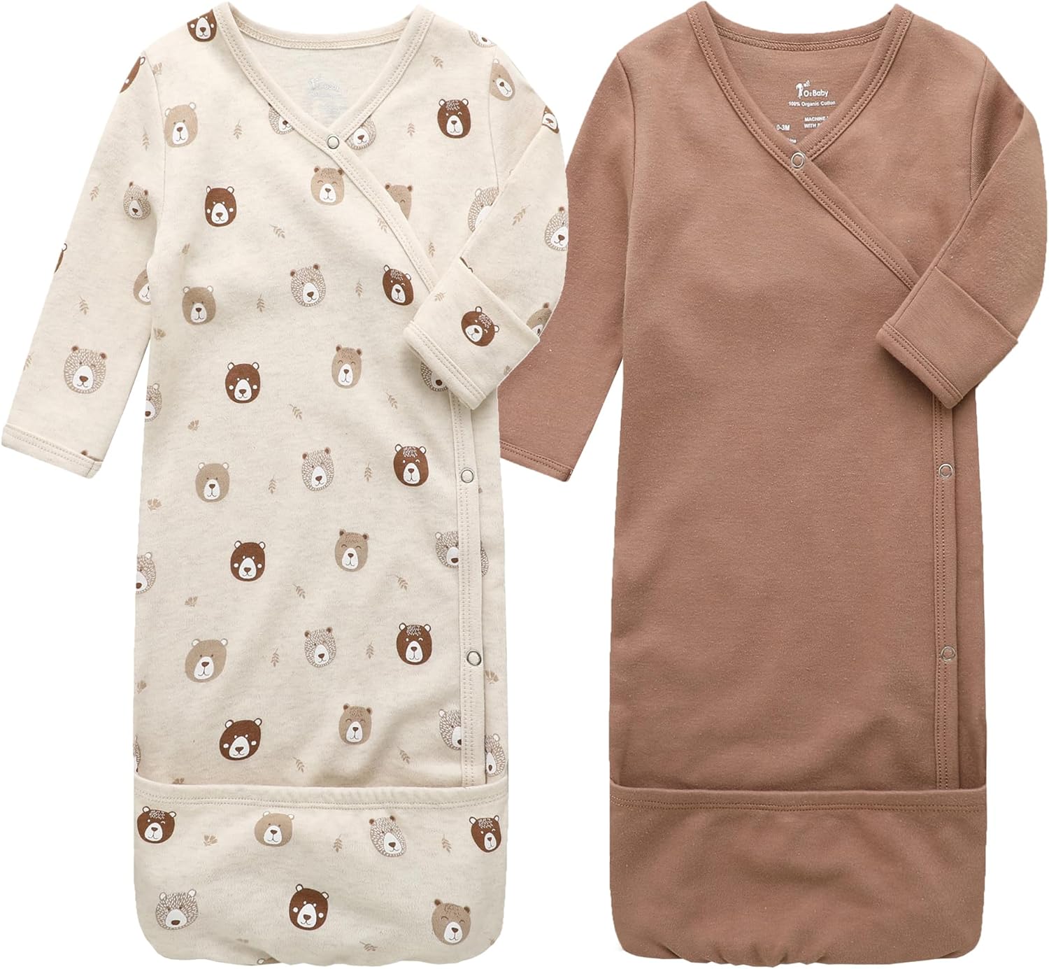 O2 BABY 100% Organic Cotton Kimono Gown with Mittens & Fold-Over Pouch