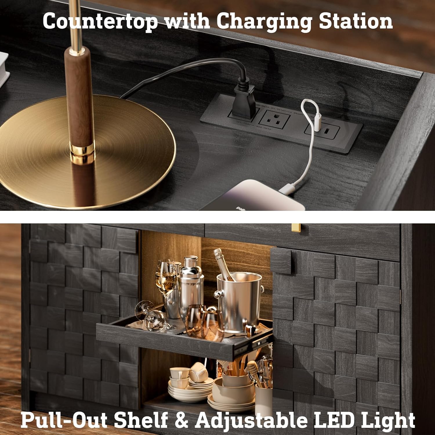 STO'SENSE 55" Sideboard Buffet Cabinet with Charging Station & LED Light, Coffee Bar Cabinet with Drawers, Pull-Out Shelf & Door Rack, Modern Storage Cabinet for Kitchen, Dining Room