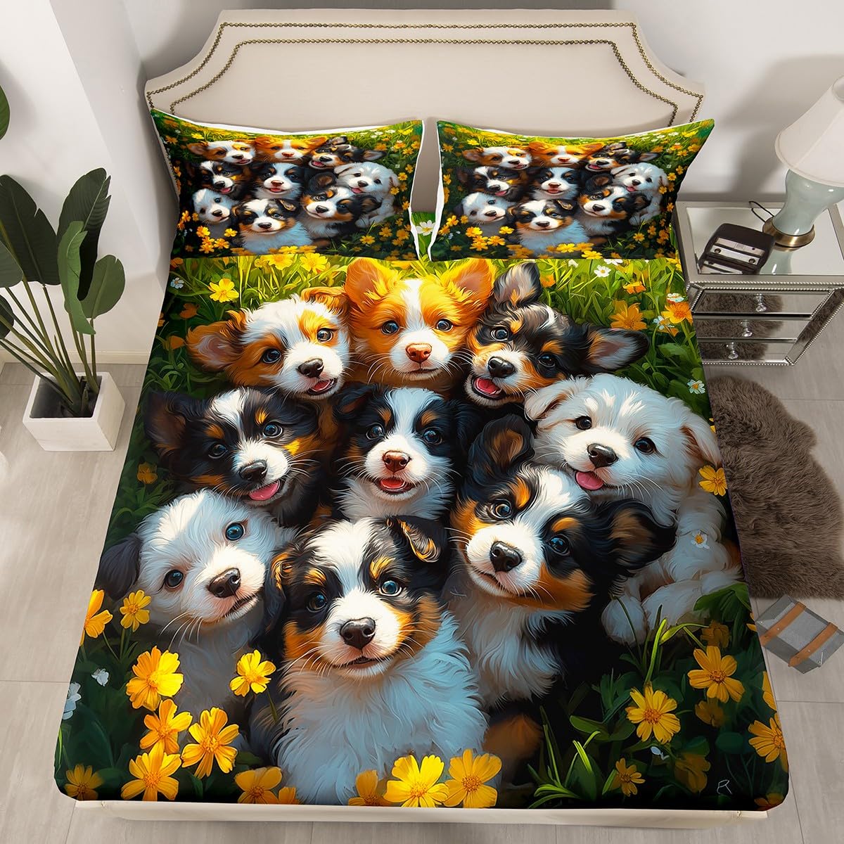 Feelyou Cute Dog Fitted Sheet Full Size Kids Puppy Dog Floral Bed Sheet Set for Boys Girls Teens