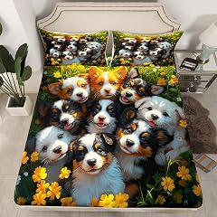 Feelyou Cute Dog Fitted Sheet Full Size Kids Puppy Dog Floral Bed Sheet Set for Boys Girls Teens