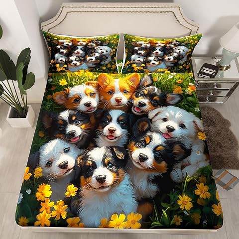 Feelyou Cute Dog Fitted Sheet Full Size Kids Puppy Dog Floral Bed Sheet Set for Boys Girls Teens