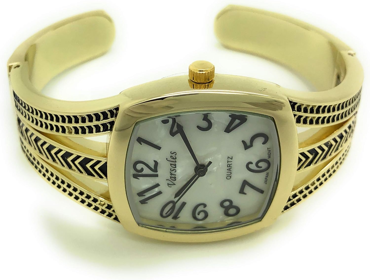 VERSALES Women's Square Elegant Metal Large Bangle Cuff Fashion Analog Quartz Watch Mother of Pearl Dial Easy to Read Black Numbers Black Hour Minute Second Hands Varsales