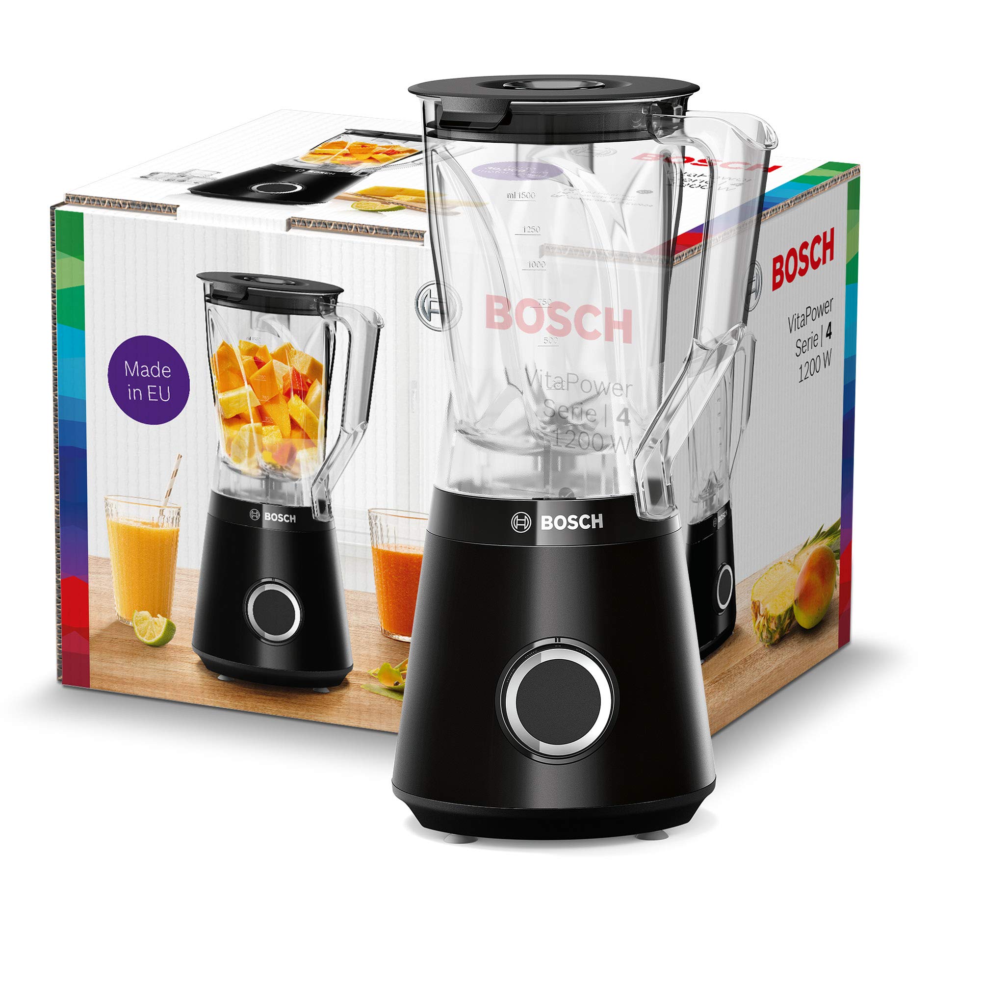 Bosch - Batidora de vaso, VitaPower, Serie 4, 1200W, Jarra Tritán, Botella ToGo, Negro, MMB6141B