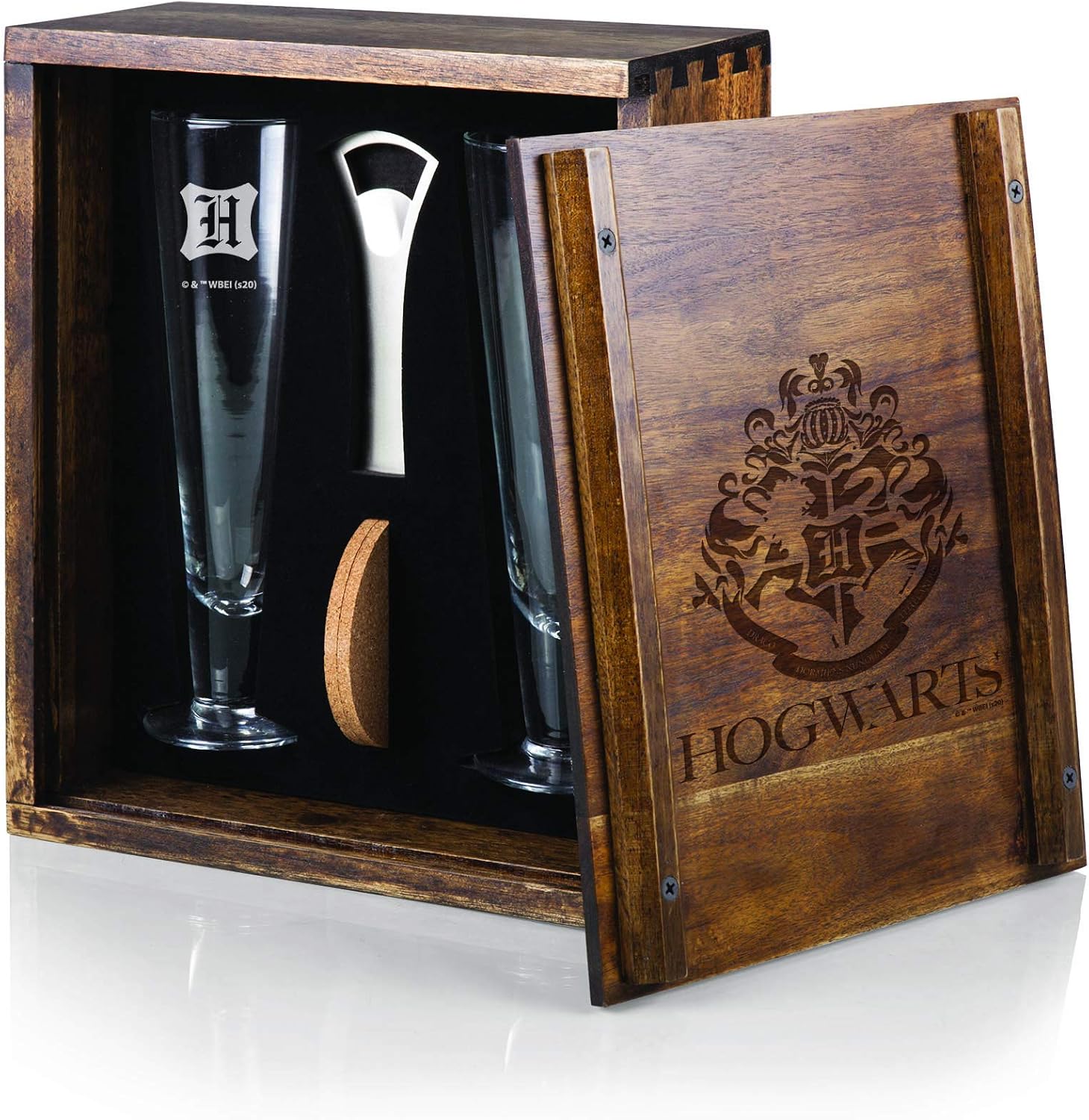 PICNIC TIME Harry Potter Hogwarts Drinking Glasses Gift Set, Engraved 12 oz Glassware with Acacia Wood Box Bottle Opener and Coasters, Collectible Drinkware, (Acacia Wood)
