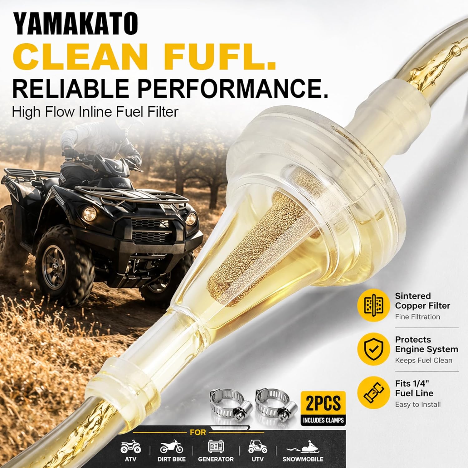 YAMAKATO 1/4" Inline Copper Fuel Filters for Dirt Mini Bike ATV Motorcycle UTV Snowmobile more with 1/4" fuel lines 2pcs with 2 clamps