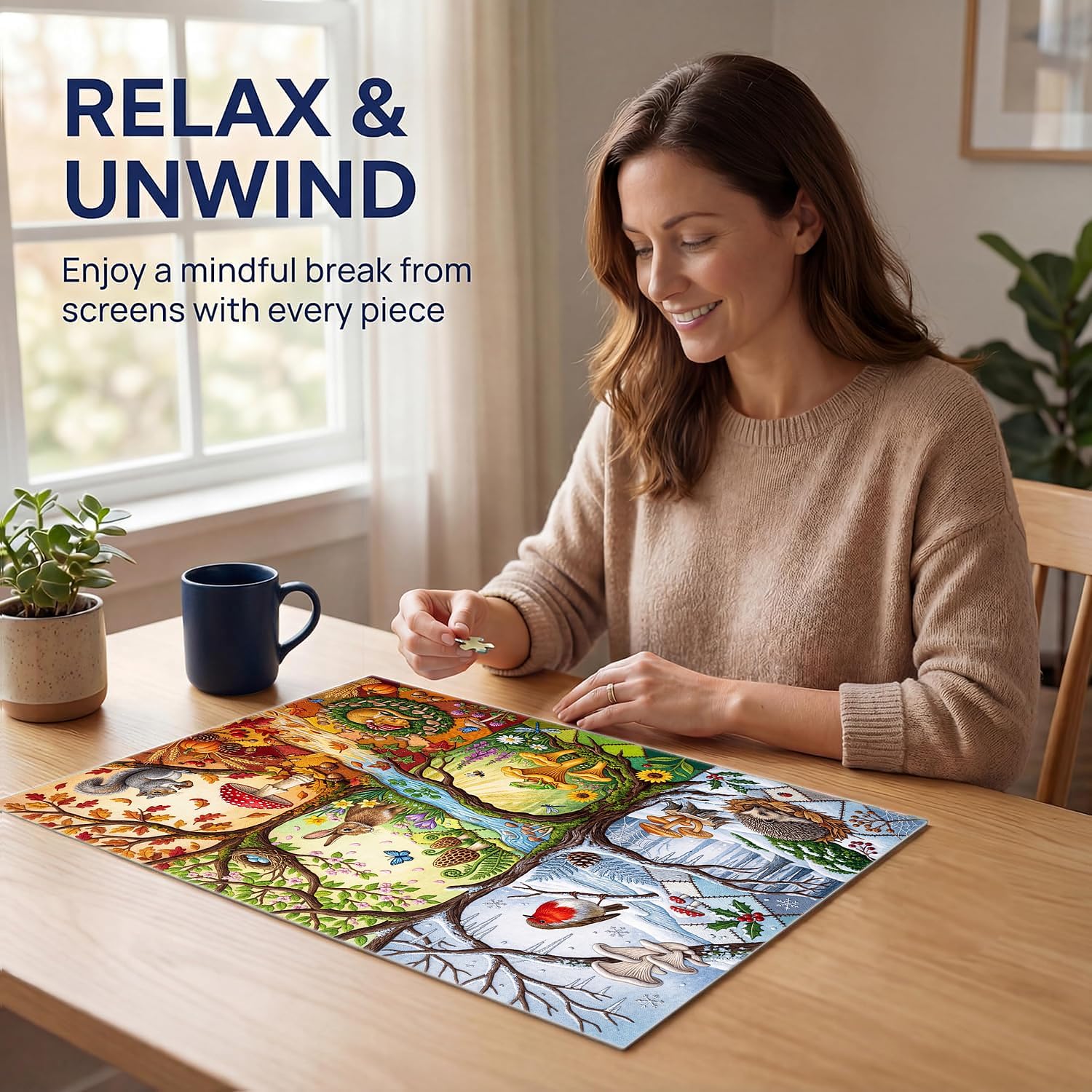 500 Piece Jigsaw Puzzle – Four Seasons Forest with Mushrooms & Woodland Animals, Relaxing Nature Puzzle for Adults & Families, 20.5 x 15 in, Includes Poster